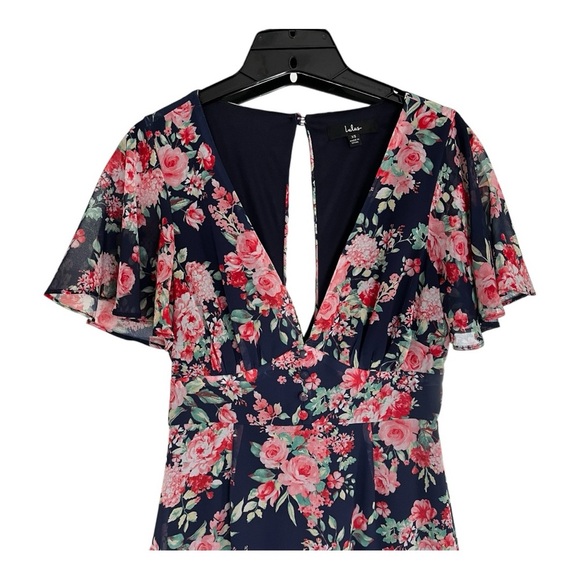 Lulus Navy Floral Maxi Dress Low Plunge Short Sleeve Womens XS - Picture 6 of 11